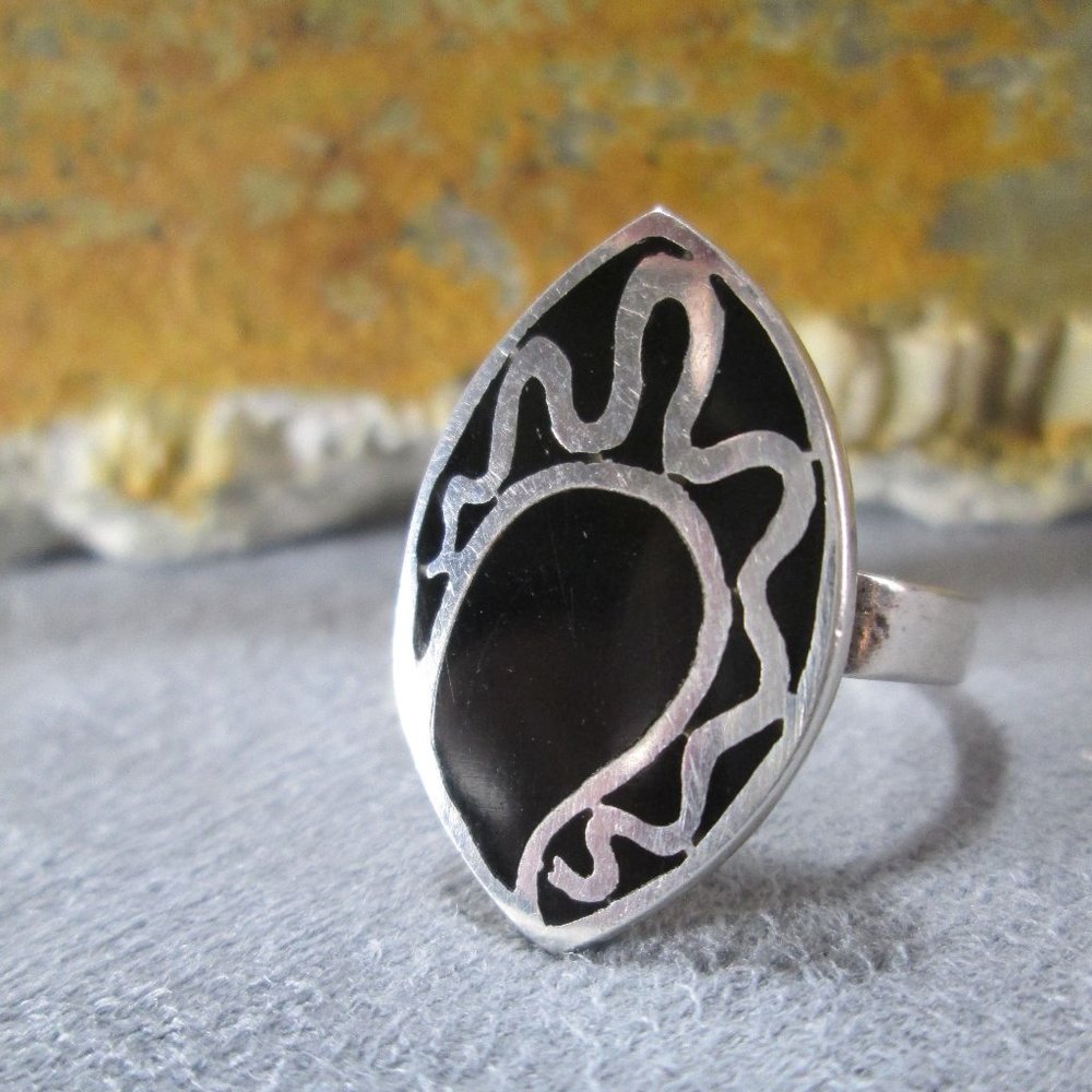 Sterling Silver Black Enamel Ring, Chunky Artisan Design